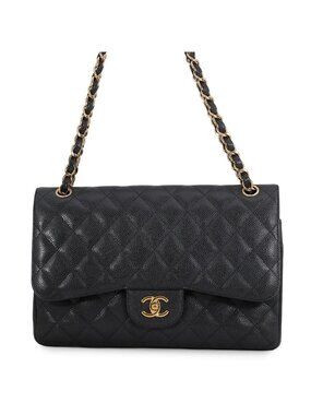 Chanel Chain Shoulder Bag Quilted 30 CC Logo Big Tomato Caviar Leather Black